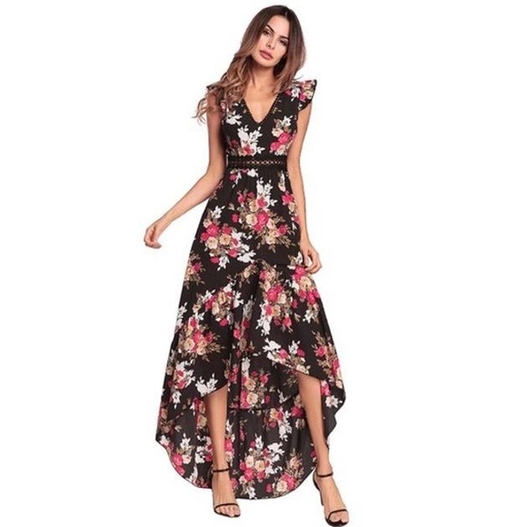 Black Floral Boho High Low Dress With Open Back - Picture 2 of 6